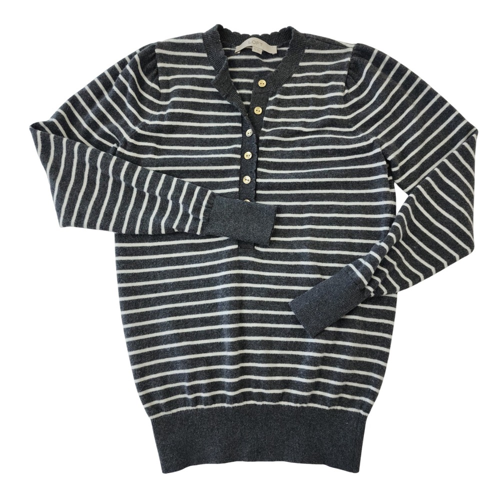 Loft Striped Henley Sweater Women XS Gray White Button Front Puff Sleeve Knit